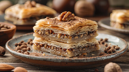 Chocolate drizzled baklava with almonds on a ceramic plate, ai generated - Powered by Adobe