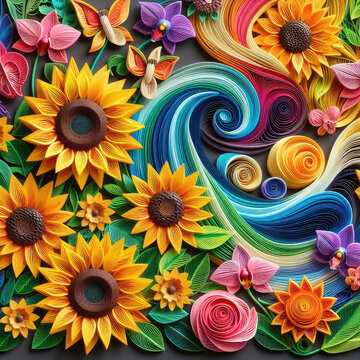 colorful sunflowers, mushrom, sunflower, orchid, wave, rose, lavender flowers, background dynamic textured paper quilling. with Generative AI Techonology.