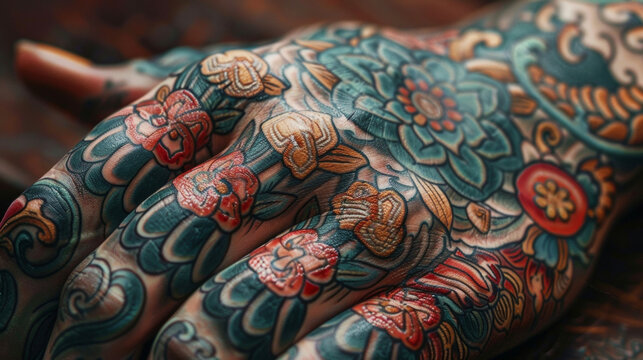 A closeup of a hand tattoo with moisturesensing technology perfect for those with skin conditions such as eczema or psoriasis.