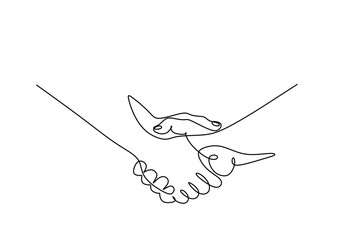 Shaking hands in continuous one line art drawing. Vector illustration of relationship and business agreement.