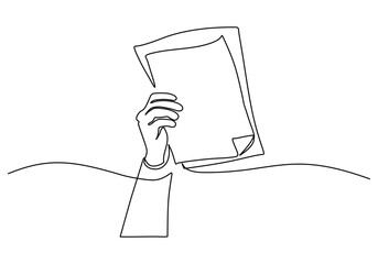 Hand holding paper book in continuous one line art drawing. Vector illustration documents concept.