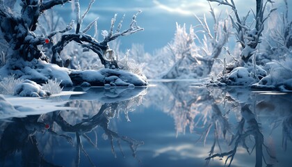 Beautiful winter landscape with frozen river, trees and reflection in water