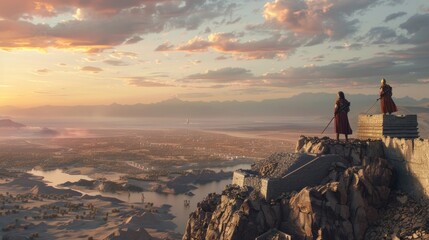 A lone Akkadian soldier stands guard atop a fortress his watchful gaze scanning the horizon for any potential threats to his empire.