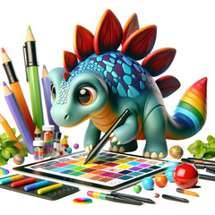 A colorful cartoon dinosaur with art supplies, using a digital tablet to create vibrant digital art, surrounded by creativity.