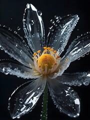 Glass flower, damp black background, water splashes, nano, luminescent, macro, closeup