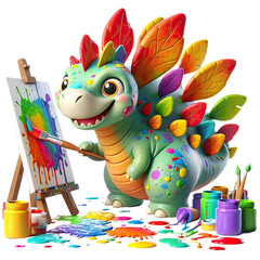 An exuberant dinosaur with colorful spikes happily painting a canvas, surrounded by splattered paint and art supplies.