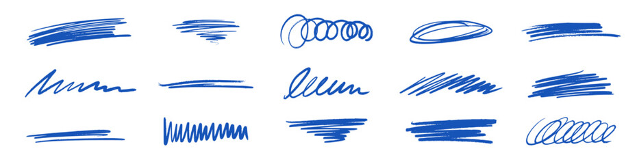 Line brush marker, pen, pencil stroke vector. Blue line brush marker scribble sketch underline. Hand drawn doodle pencil scratch mark. Scrawl texture underline effect. Vector illustration. - obrazy, fototapety, plakaty