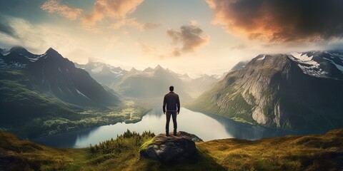 Man standing on mountain top in the morning overlooking lake between mountains - Powered by Adobe