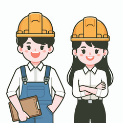 flat design illustration of a construction couple with safety helmets
