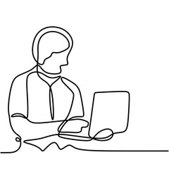 One line drawing of people with laptop. Man working with notebook computer. Vector illustration business concept.
