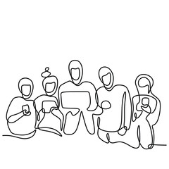 Business team with gadget of smartphone, laptop, and tablet. Continuous one line art drawing style.