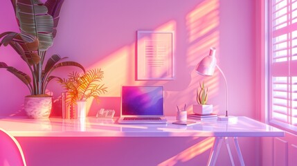 Office table with notebook computer, camera and smartphone painted in white with vibrant bold gradient purple and blue holographic color lights. Concept art. Minimal office surrealism.AI