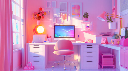 Office table with notebook computer, camera and smartphone painted in white with vibrant bold gradient purple and blue holographic color lights. Concept art. Minimal office surrealism.AI