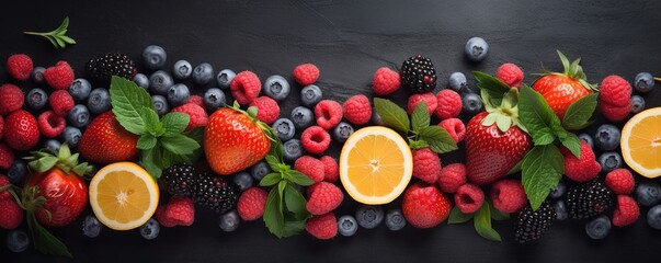 Top view of strawberries, raspberries, blueberries, mint, also oranges and lemons on dark table in...