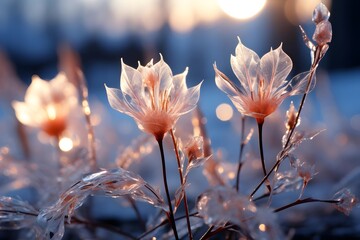 Flowers in the snow at sunset. Beautiful winter landscape with flowers.