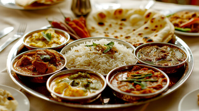 A traditional Indian thali with curries, rice, and naan bread, ready for dinner,ai generated