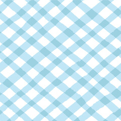 Vector seamless repeat pattern with light baby blue bias gingham check plaid with grunge torn edges. Diagonal checker for baby, Easter, coastal, farmers market, countryside projects. 