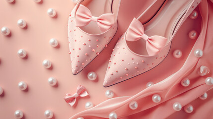 Pink women's shoes with bows on a pink background, generative AI.