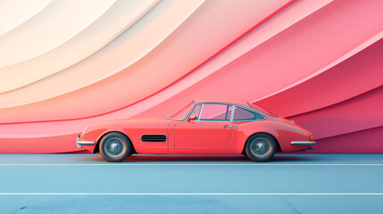 Retro convertible car pink color.Horizontal banner, template header for website. Minimal poster.Generative AI