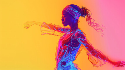 Abstract wireframe silhouette of a young hip-hop dancer from triangles and particles on color...