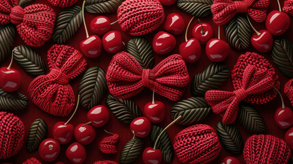 Old school seamless pattern with rose, cherry, bow and other elements.Generative AI