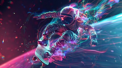 visualization art Wrapping a stylish astronaut skateboarder's invisible body in beautiful complementary colors reflective digital energy Mathematical show Set apart.
