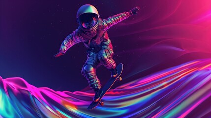visualization art Wrapping a stylish astronaut skateboarder's invisible body in beautiful complementary colors reflective digital energy Mathematical show Set apart.