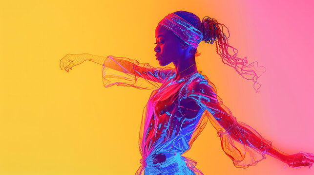 Abstract wireframe silhouette of a young hip-hop dancer from triangles and particles on color background breakdancing woman isolated. AI
