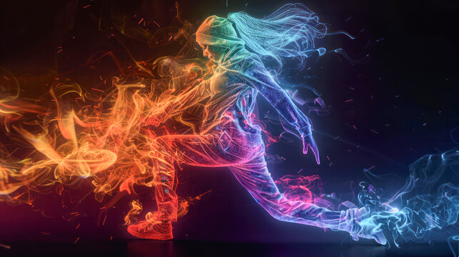 Abstract wireframe silhouette of a young hip-hop dancer from triangles and particles on black background breakdancing woman isolated. AI - Powered by Adobe