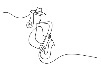 Obraz premium Saxophone one line drawing. Continuous hand drawn outline jazz classical music instrument. Blowing tools for player.