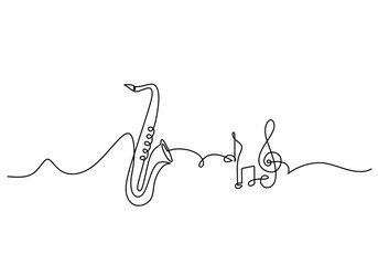 Saxophone one line drawing. Continuous hand drawn outline jazz classical music instrument. Blowing tools for player. - obrazy, fototapety, plakaty