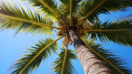 トロピカルな夏の背景、下から見たヤシの木のアップ