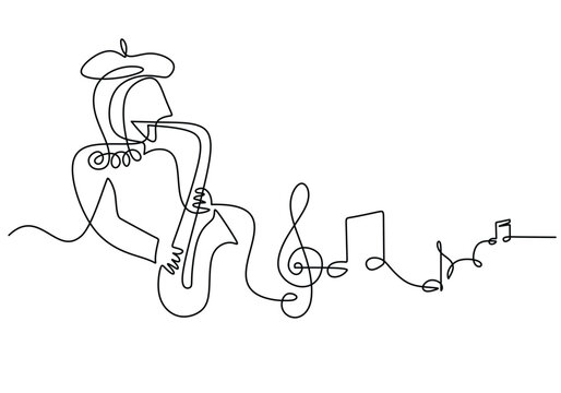 Musician playing Saxophone with musical notes scale one line drawing. Continuous hand drawn outline jazz classical music instrument. Blowing tools for player.