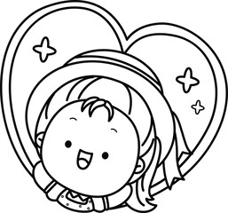 a vector of a cute girl with a heart shape behind it in black and white coloring