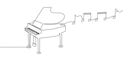 Classic piano with music notes tone one line art drawing. Music instrument object vector illustration. Hand drawn sketch continuous single outline. Classical string viola for melody playing. © berkahlineart