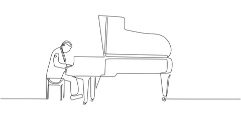 musician playing the piano. One line drawing vector. concept composer performs concert.
