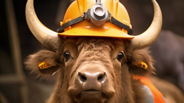video of a cow wearing a helmet