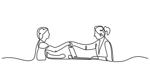 Woman interviewing woman and handshaking in continuous one line art drawing. Business job career vector illustration editable stroke.