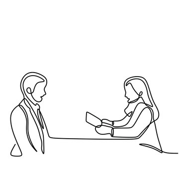 recommend clip art: Woman interviewing man in continuous one line art drawing. Business job career vector illustration editable stroke.