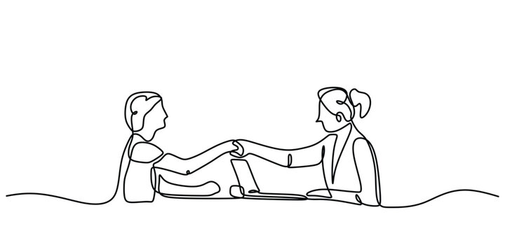 recommend clip art: Woman interviewing woman and handshaking in continuous one line art drawing. Business job career vector illustration editable stroke.