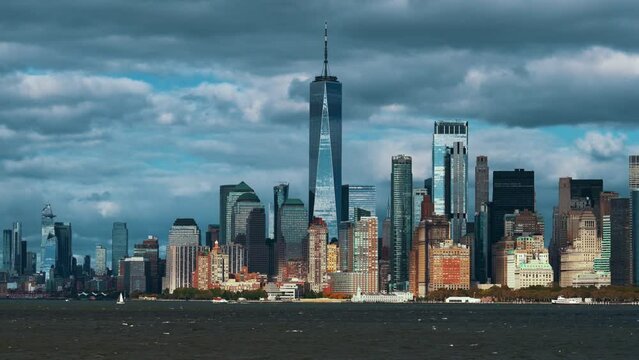 Manhattan New York City skyline seen from Hudson River Upper Bay waterfront