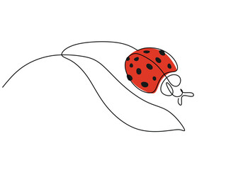 Orange ladybug on leaf in continuous one line art drawing. Floral and fauna vector illustration editable stroke.