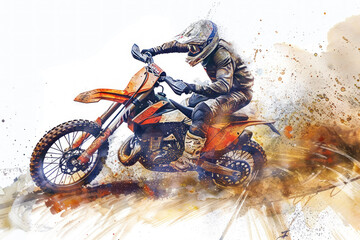 A motocross athlete in action, colorful splash watercolor