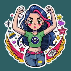 Ruler of Rebellion Capture the essence of rebellion with a tshirt sticker design showcasing a girl in a rebellious pose, wearing a tee rounded by imagery symbolizing defiance and nonconformity