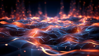 Abstract 3d rendering of wavy surface with glowing particles. Futuristic background with dynamic waves. 3D illustration
