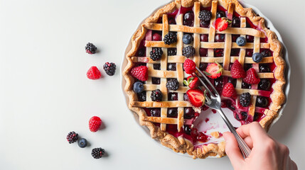 A hand holding a fork poking a fruit pie on white color background professional photography