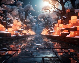 3D illustration of winter forest with snowflakes in the night - obrazy, fototapety, plakaty
