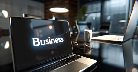 business table with the text Business on laptop screen High detailed and high resolution smooth and high quality photo professional photography