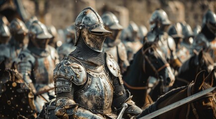 A group of knights on horseback all dressed in unique suits of armor and carrying various weapons ready to defend their kingdom.