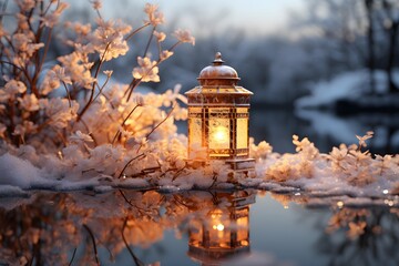 Lantern on the frozen lake. Beautiful winter landscape with lanterns. - obrazy, fototapety, plakaty